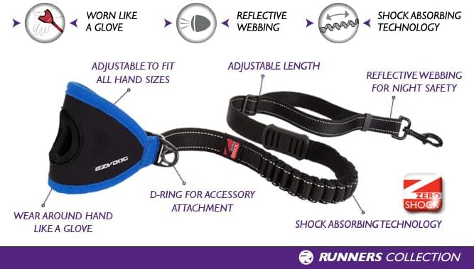 EzyDog Handy 48 Bungee Dog Leash, 48" Hand Free Glove Running Leash - Red | Adjustable 36” - 48” In., Superior Control, Reflective Stitching, Zero Shock-Absorbing Bungee Leash, Combine with other Leash