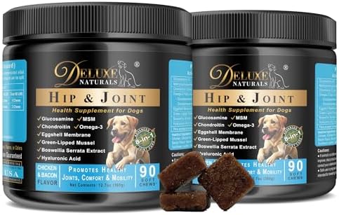 Hip and Joint Soft Chews for Dogs – 180 Count (Pack of 2 x 90) – Glucosamine, MSM, Chondroitin, Omega-3, Green-Lipped Mussel – Joint Support Supplement – Chicken & Bacon Flavor