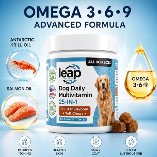 Multivitamins &Supplements for Dogs - Krill Oil, Omega 3,6,9, pre&probiotics, Essential Vitamins, for Hip & Joints, Skin &Coat,Digestive, Immunity Support (90 Chews)