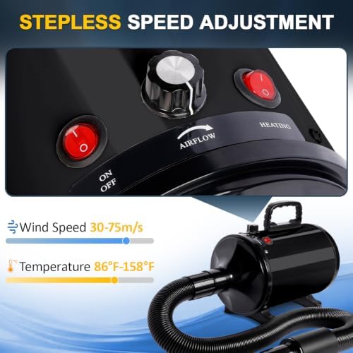 NESTRAOD High Velocity Dog Dryer for Grooming,2800W Dog Hair Dryer with Adjustable Speed and Heater,Professional Pet Blow Grooming Dryer with 4 Nozzles,Black