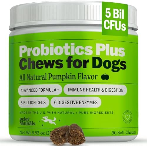 Deley Naturals Probiotics Plus Chews for Dogs - Gut Health Supplement with 5 Billion CFU's & Digestive Enzymes - Prebiotics for Dog Allergies, Diarrhea & Yeast - 90 Count Pumpkin Flavor Made in USA