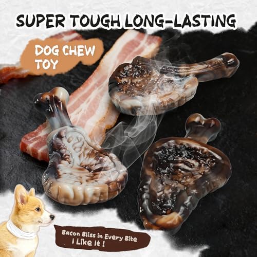 Dog Chew Toys for Aggressive Chewers,3 Tough Dog Toys for Medium and Large Breed, Real Bacon Flavored Best Dog Toys to Keep Them Busy, Dog Bones Steak for Teeth Cleaning and Training (Brown)