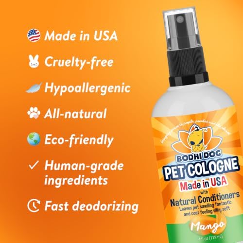 Bodhi Dog Premium Dog Cologne - Deodorizing Dog Perfume & Conditioner for Dogs & Cats - Natural Long Lasting Spray - Keeps Pets Fresh All Day - Gentle & Safe Formula, Made in USA (Mango 4 Fl Oz)