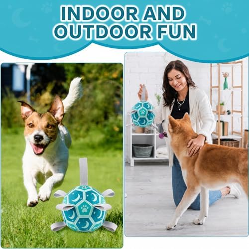 Dog Soccer Ball with Straps, 7.25 Inch Herding Dog Ball Toys Dog Birthday Toy, Balls for 30-90lbs Dogs, Outdoor Dog Toy for Medium Large Puppy, Interactive Toy for Tug, Water Toy Ball,Blue