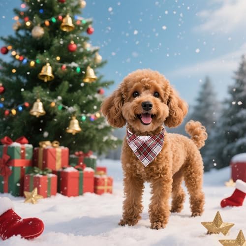 Lionet Paws Christmas Dog Bandana Washable Cotton Handkerchief Scarf Triangle Red Green Plaid Grey, Large (Pack of 1), Medium, Red