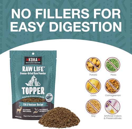 KOHA Raw Life Freeze-Dried Raw Topper Elk & Venison for Dogs and Cats, High Protein Meal Topper for Picky Eaters with Probiotics, 8oz Bag