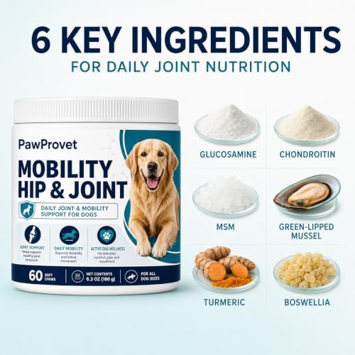 Mobility Hip and Joint, Hip and Joint Chews for Dogs with Glucosamine, Chondroitin, Msm, Green-Lipped Mussel, Daily Mobility Support for All Breeds, 60 Soft Chews
