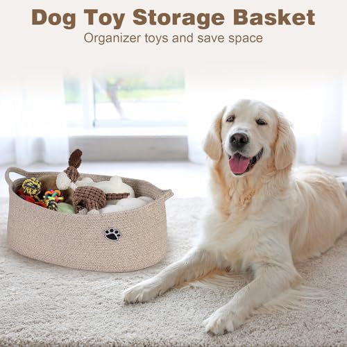 Optish Dog Toy Basket, 30L Toy Box and Bin for Dog Cat Storage, 19.7" X 11" X 7.9" Large Woven Rope Basket for Blankets, Living Room, Bedroom, Brown