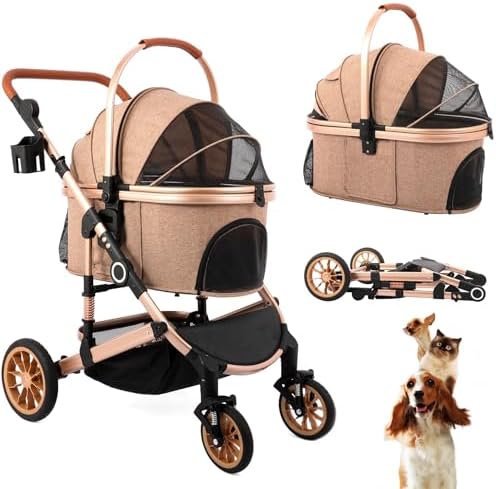 Bicystar Pet Stroller - Tan, Detachable Carrier, up to 50lbs