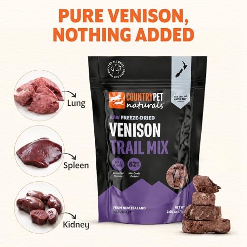 New Zealand Raw Freeze-Dried Venison Treats - Wild Novel Protein, Lung, Spleen, Kidney - 62% Protein, Grass-Fed, Single Ingredient, Grain/Gluten Free, Topper. 1-Pack