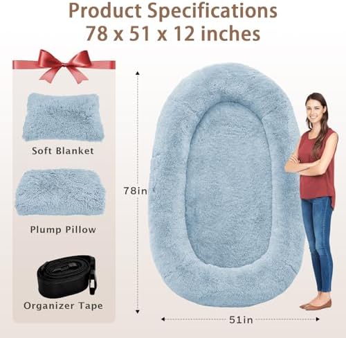 ROOMTEC Human Dog Bed, 78''x51''x12'' Size Fits Adult and Pet Washable Giant People Bed 10 CM Thick Memory Foam Large Oversize Pet Bed with Plump Pillow, Blanket, Strap - Blue