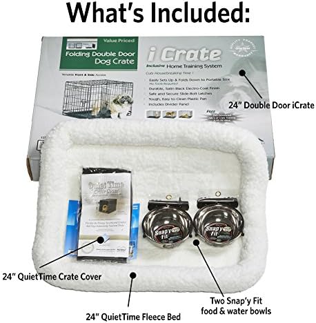 MidWest Homes for Pets Double Door iCrate Starter Kit, 24-inch Dog Crate Bundle for Small Breeds, Includes Cage, Pet Bed, 2 Bowls and Privacy Cover