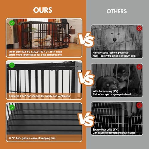 60 Inch Heavy Duty Dog Crate Cage with Cushion, Indestructible Escape Proof Large Metal Dog Kennel Furniture for Small Medium Large Dogs, Indoor High Anxiety Pets Crate with 2 Door and Removable Tray
