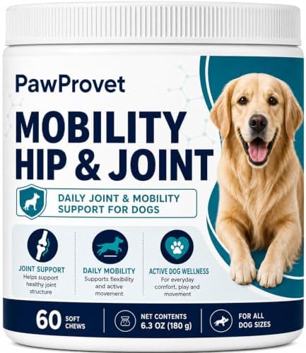 Mobility Hip and Joint, Hip and Joint Chews for Dogs with Glucosamine, Chondroitin, Msm, Green-Lipped Mussel, Daily Mobility Support for All Breeds, 60 Soft Chews