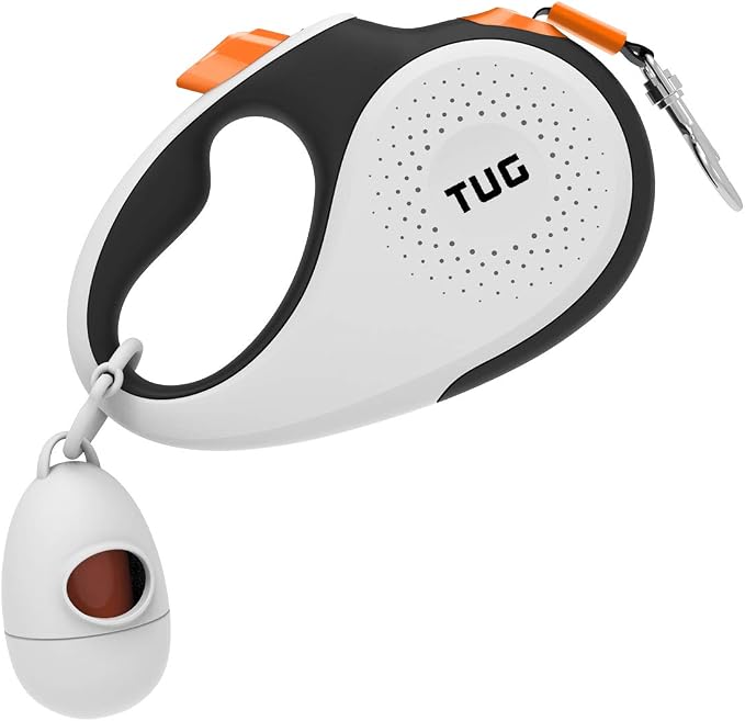 TUG 360° Tangle-Free Retractable Dog Leash with Waste Bag Dispenser (Medium, White/Orange)