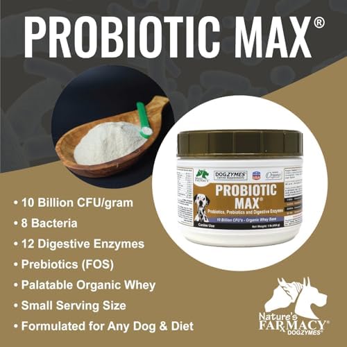 Dogzymes Probiotic Max -10 Billion CFU's Probiotics, Prebiotics, Digestive Enzymes - Relieves Diarrhea, Upset Stomach, Constipation, Gas, Allergy, Immunity & Overall Health 1 Pound