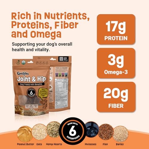 Gruffies Joint & Hip Dog Treats, Peanut Butter Soft Treats with Turmeric, Ginger & Flaxseed, USDA Organic, Non-GMO, Soy-Free, Wheat-Free, Corn-Free, Made in Canada, 6 oz (Pack of 6)