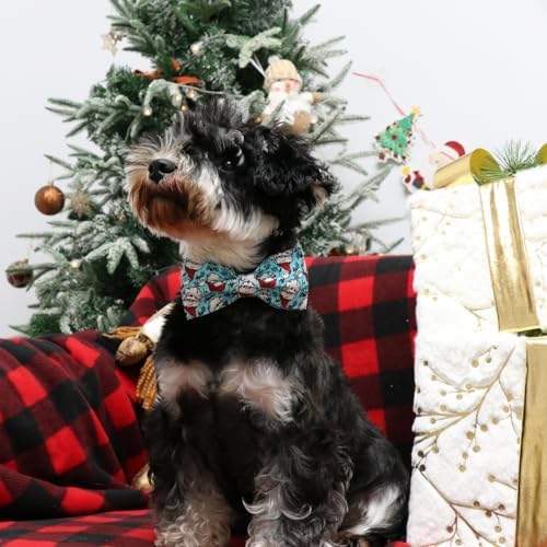 Lionet Paws Christmas Dog Bowtie Collar - Cute Cotton Adjustable Blue Dog Collar with Bowtie for Small Medium Large Dog Girl Boy Gift, S, Neck 10-16in