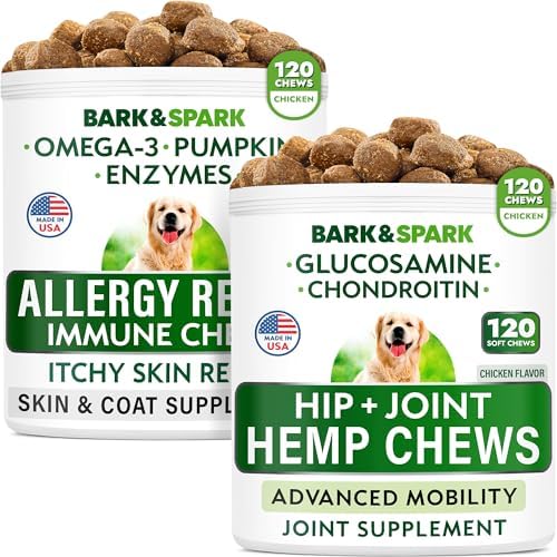 Hemp Oil Treats + Glucosamine + Allergy Relief Bundle - Hip & Joint Supplement + Anti-Itch & Hot Spots - Chondroitin, MSM + Omega 3 + Pumpkin + Enzymes - Immune Support - Made in USA - 240 Chews