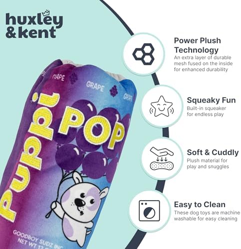 Huxley & Kent Interactive Funny Dog Toy w/Squeaker - Power Plush Ball and Treat Hiding Toy - Cute and Funny Soft Puzzle for Small & Large Dogs - Squeak'n Peek Puppi Pop Grape, Large | Hidden Treat Pocket with H&K Tennis Balls, Crinkle & Squeaker, Menta...