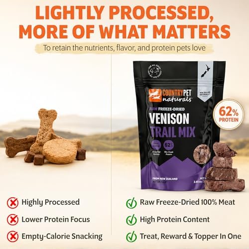 New Zealand Raw Freeze-Dried Venison Treats - Wild Novel Protein, Lung, Spleen, Kidney - 62% Protein, Grass-Fed, Single Ingredient, Grain/Gluten Free, Topper. 1-Pack