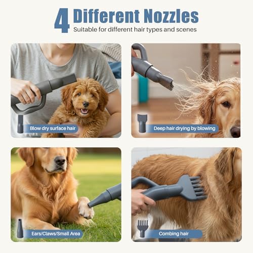 DUMOS Dog Hair Dryer for Pet Grooming, Low Noise, 6.5 FT Cord | Dog Blow Dryer with Adjustable Wind Speed & Heater Temperature, Cool-Warm-Hot Cycle Mode, 4 Nozzles, Grey