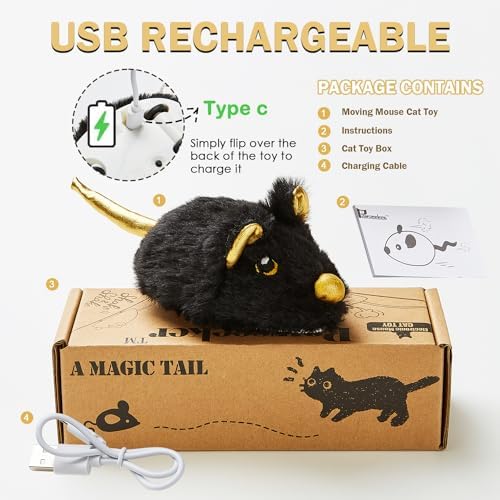Cat Toys Squeaky Rechargeable Moving Mouse with Dynamic Magic Tail, Automatic Self Play Cat Toy for Indoor Kittens (Black)