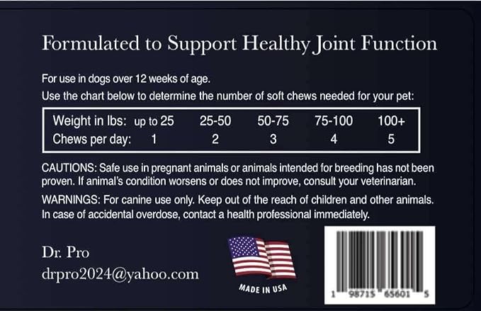 Dr. Pro, Premium Hip & Joint Soft Chews Supplement for Dogs, 120 Chews, Duck Flavor, for All Breeds.