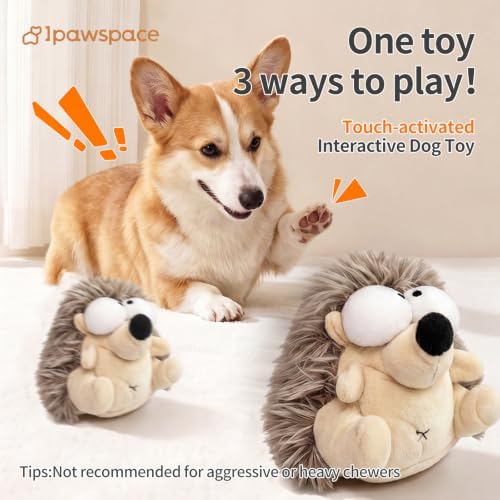 Interactive Dog Toys, Moving Squeaky Plush Dog Toy-Hedgehog | Gentle/Average Chewer,Bounce+Vibration+Sound,Touch-activated,Washable Plush Cover,Type-C Rechargable