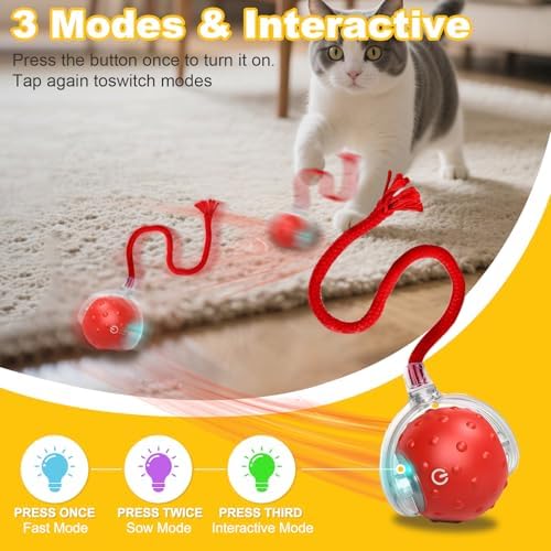 Interactive Cat Toys Ball for Indoor Cats＆Dog,Automatic Cat Toy with Smart Obstacle Avoidance,Bird Chirps & Auto Wake-Up,Includes 4 Cat Spiral Spring,Cat Enrichment Toys for Indoor Cats(Red)