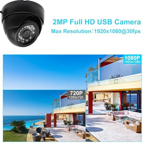 2MP USB Camera H.264 1080P Webcam Day Night Vision Indoor Outdoor Dome Webcamera 0.01LUX Low Illumination Home Security Camera with 24pcs IR LED for Windows Mac Linux Android