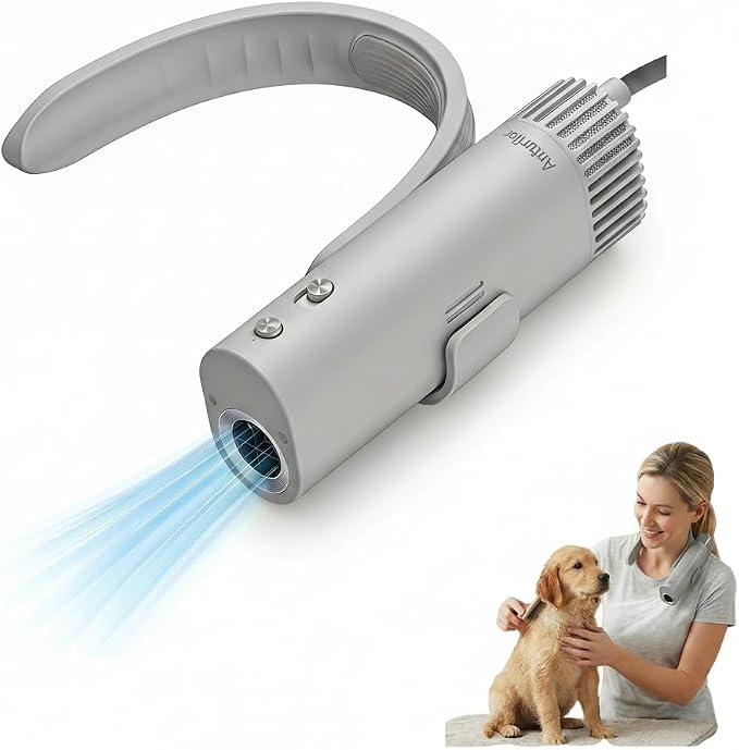 Hands Free Neck Hanging Pet Dryer, Portable Compact Dog Blow Dryer for Dogs Cats, Lightweight Low Noise Grooming Dryer with Adjustable Speed & Temperature