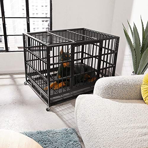 Otaid Heavy Duty Dog Crate with 4 Wheels, Dog Crates for Large Dogs, Double Door Strong Metal Dog Kennel with Removable Tray. Easily Removable Dog Cage for Travel, Indoor&Outdoor (Black, 48 Inch)