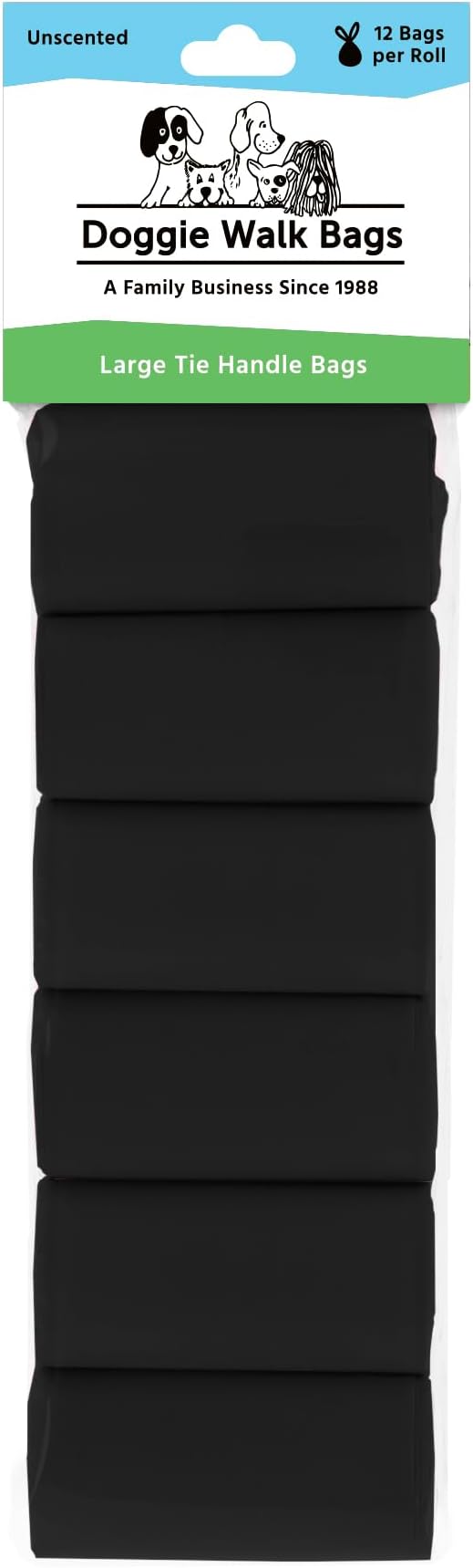 Large Dog Waste Bags on a Roll with Easy Tie Handles, Extra Thick and Strong Dog Poop Bags, 288 Count, Black/Unscented, 5.5 x 5.5 x 17 Inches