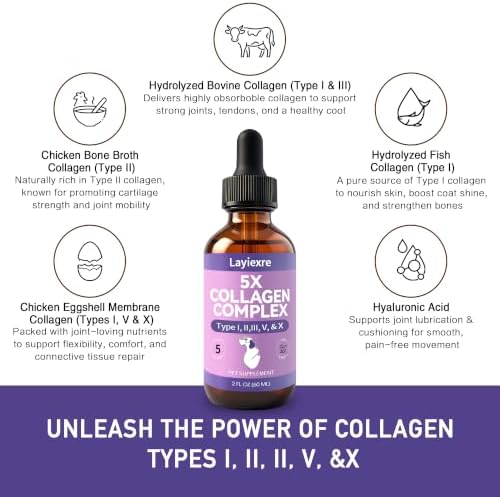 5X Liquid Collagen for Dogs–Joint Pain Relief Mobility Support for Senior Dogs, Active Breeds, Post-Walk Soreness– Odorless Liquid Drops, No Powders or Pills–Helps with Stiffness, Limping, Getting Up