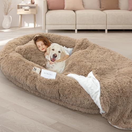 ROOMTEC Human Dog Bed, 78''x51''x12'' Size Fits Adult and Pet Washable Giant People Bed 10 CM Thick Memory Foam Large Oversize Pet Bed with Plump Pillow, Blanket, Strap - Khaki