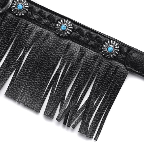 Blueberry Pet Western Fringe Black Microfiber Textured Leather Collar with Turquoise Conchos
