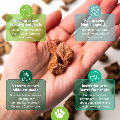 IOWA'S OWN Freeze Dried Beef Liver Treats for Dogs 15lbs and up – Single Ingredient Training Treats – High Protein – Healthy Natural Snack - No Additives or Fillers - Made in USA – 4oz Bag