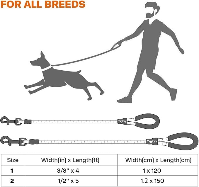 Taglory Rope Dog Leash for Medium Large Dogs, 5 FT Padded Handle, Black | Climbing Rope for Strong Pullers, Reflective for Night Walks and Training, Comfortable Grip, Anti-tangle Swivel Clip 1/2 inch