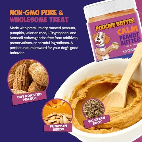Poochie Butter Calming Dog Peanut Butter - Made in USA, Creamy Spread for Lick Mats & Food Toppers - Dry-Roasted Peanuts Non-GMO No Sugar Added Dog Treats | 12 oz (Pack of 2)