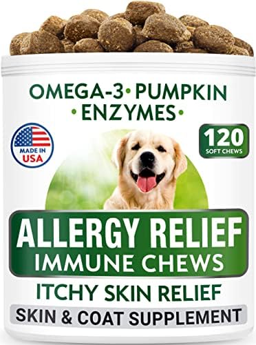 Allergy Relief Dog Treats + Dog Probiotics Chews Bundle - Omega 3 + Pumpkin + Enzymes for Itchy Skin Relief + Digestive Enzymes + Prebiotics for Gas, Diarrhea, Constipation, Upset Stomach Relief