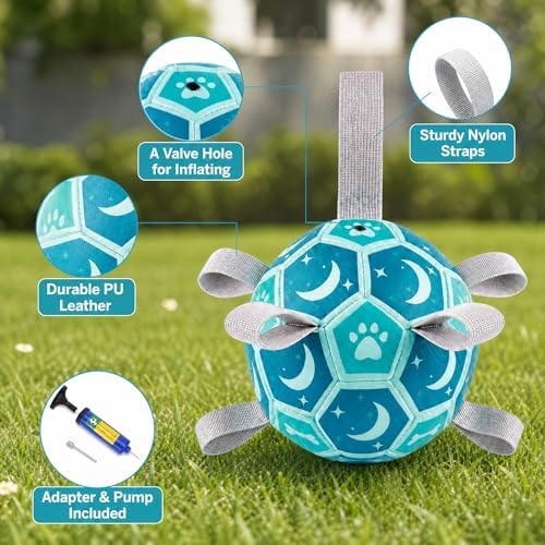 Dog Soccer Ball with Straps, 6 Inch Herding Dog Ball Toys Dog Birthday Toy, Balls for 20-40lbs Dogs, Outdoor Puppy Toys for Small Medium Dogs, Interactive Toy for Tug, Water Toy Ball,Blue