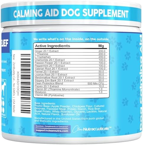 ZenBuddy Calming Chews for Dogs L-Theanine L Tryptophan Melatonin Ginger Chamomile Fennel Valerian Root