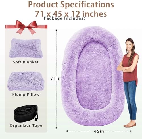 ROOMTEC Human Dog Bed, 71''x45''x12'' Size Fits Adult Pet Washable Oversize People Bed 10 CM Thick Memory Foam Large Giant Pet Bed with Plump Pillow, Blanket, Strap - Purple