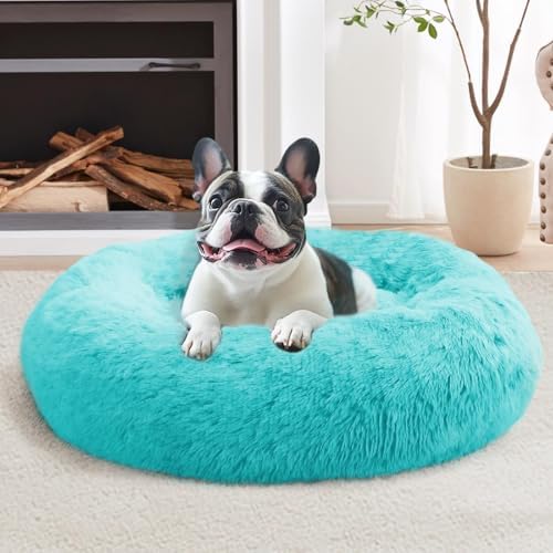 JOLLYVOGUE 31" Calming Donut Dog Bed, Aqua Blue