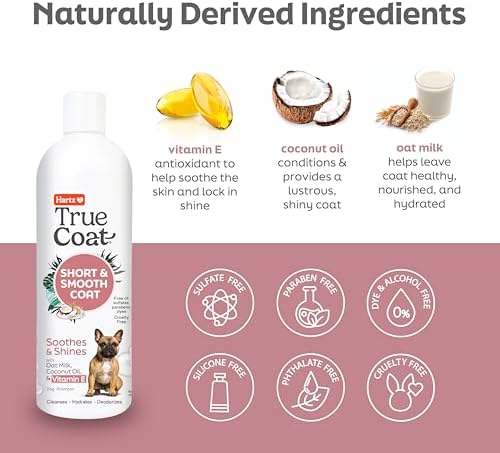True Coat Short & Smooth Coat Dog Shampoo, 5 in 1 Soothes & Shines with Oat Milk, Coconut Oil & Vitamin E, 16 oz