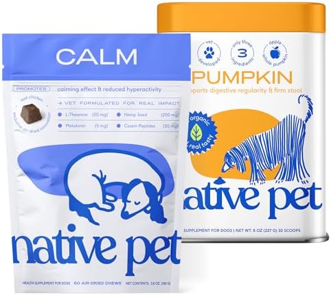 Native Pet Dog Calming Chews (60 Chews) & Organic Pumpkin for Dogs (8 oz.), Melatonin, 60 Chews