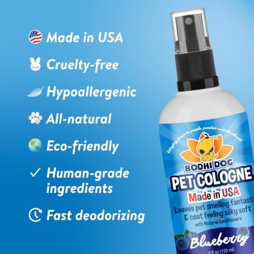 Bodhi Dog Natural Dog Cologne (Blueberry) - Premium Scented Deodorizing Pet Perfume with Conditioner for Dogs & Cats - Keeps Pets Fresh & Clean - Gentle and Safe Formula, Made in USA (4 Fl Oz)