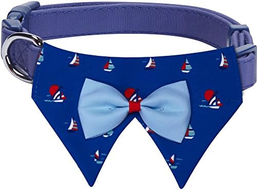 Blueberry Pet Nautical Navy Blue Sailboat Adjustable Dog Bandana Collar with Bow Tie, Medium, Neck 14.5"-20"