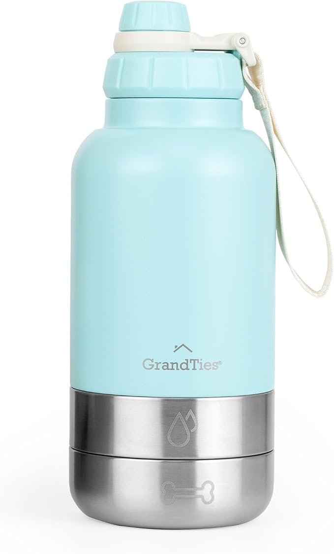 GrandTies Insulated Portable Dog Water Bottle with 2 Detachable Bowls, 32oz, Powder Green